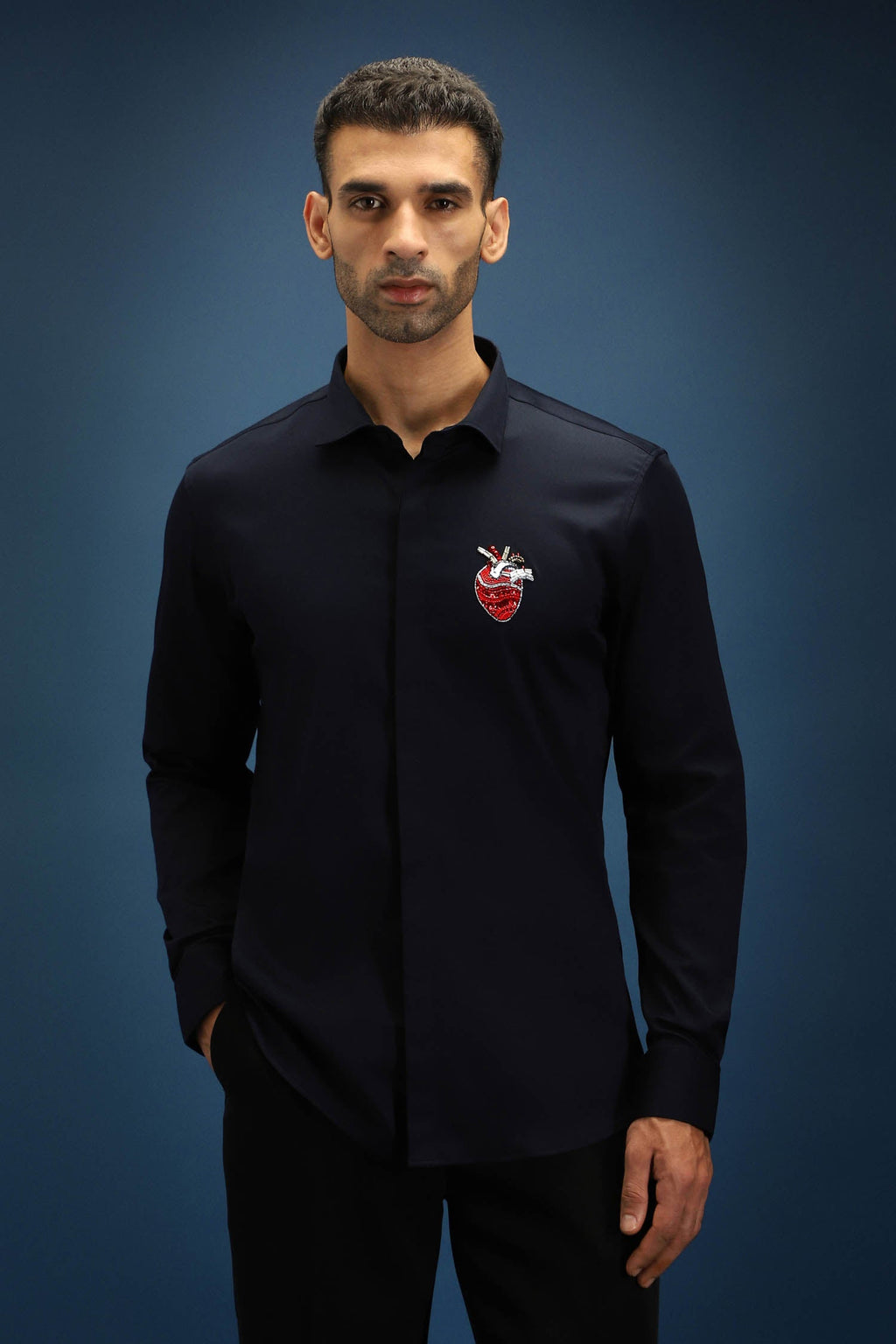 Biological Heart Hand Embroidered Designer Shirt - Navy