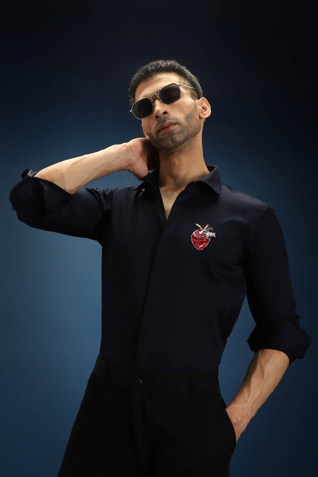 Biological Heart Hand Embroidered Designer Shirt - Navy