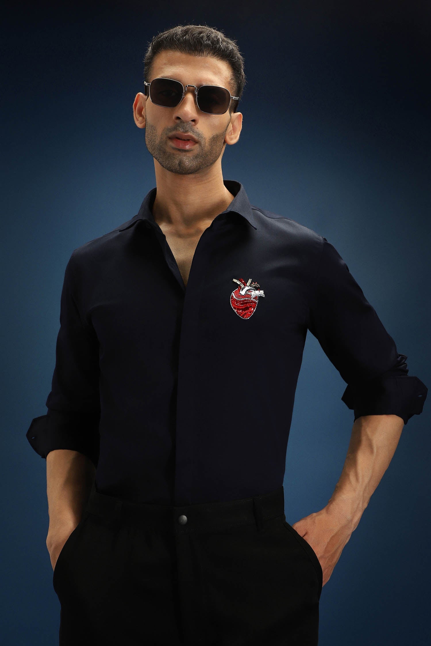 Biological Heart Hand Embroidered Designer Shirt - Navy