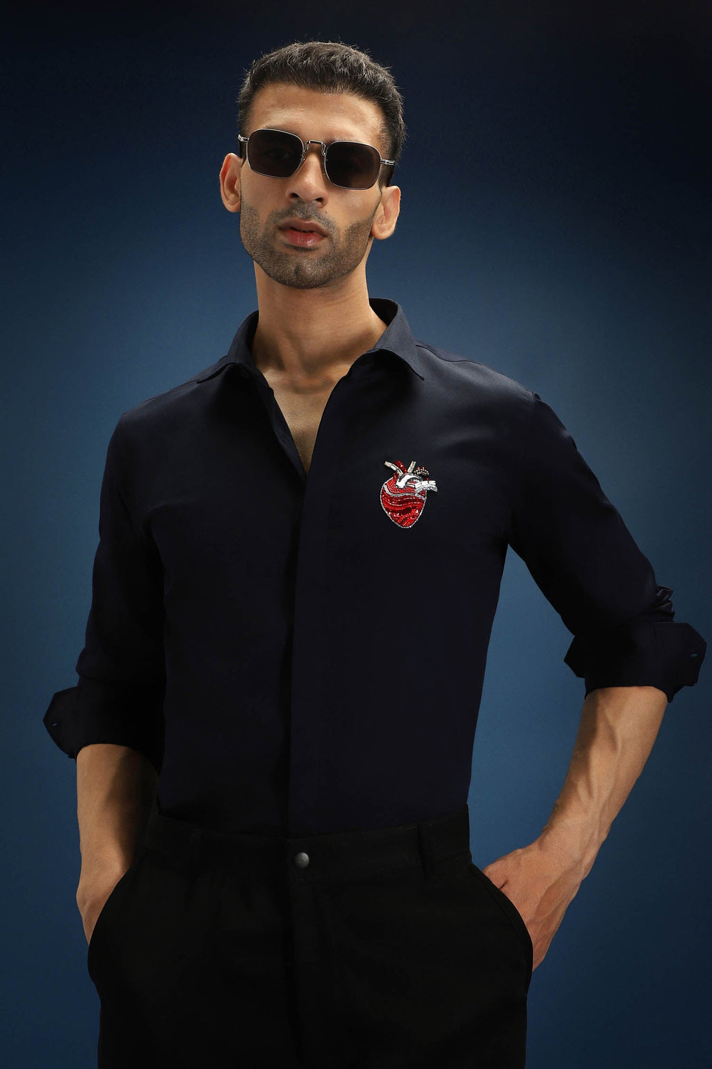 Biological Heart Hand Embroidered Designer Shirt - Navy