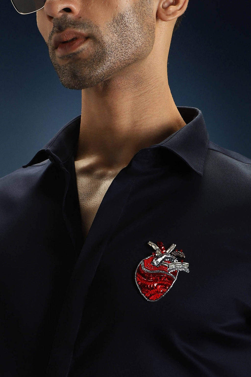 Biological Heart Hand Embroidered Designer Shirt - Navy