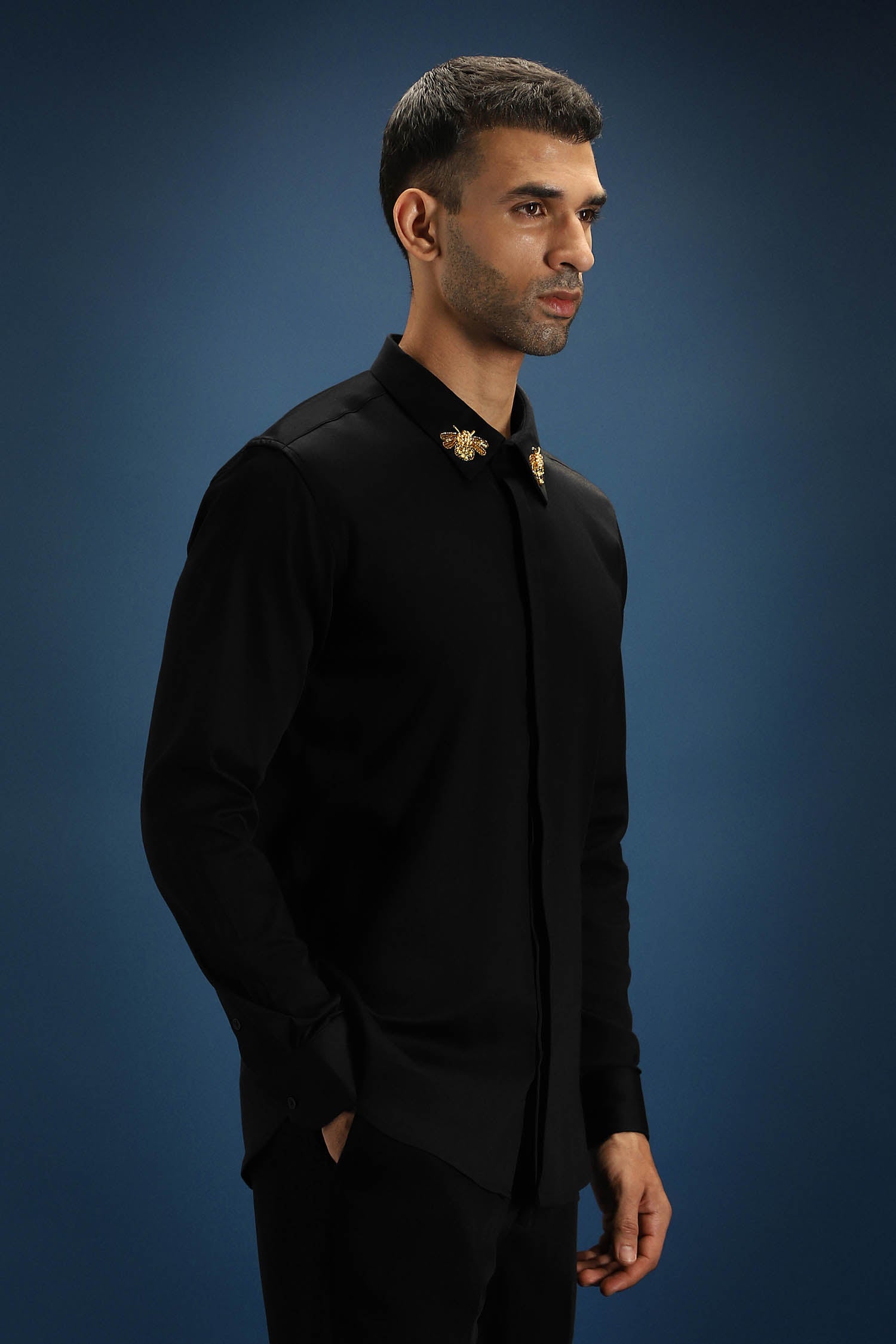 Collar Bumblebee Hand Embroidered Designer Shirt - Black