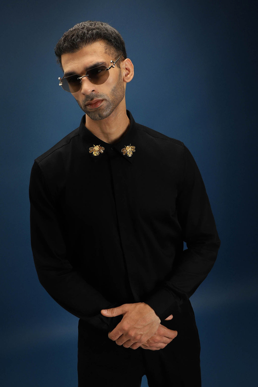 Collar Bumblebee Hand Embroidered Designer Shirt - Black