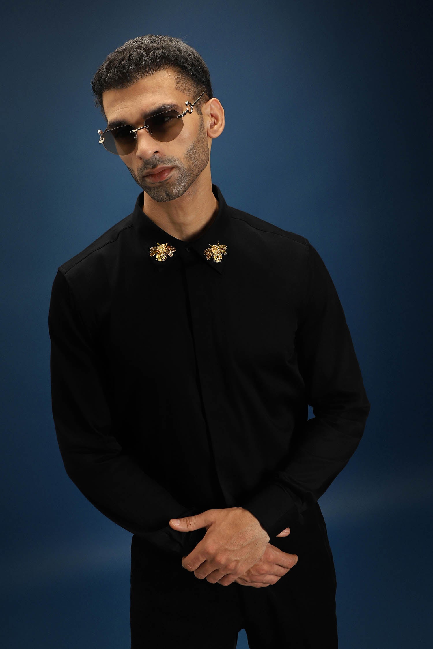 Collar Bumblebee Hand Embroidered Designer Shirt - Black