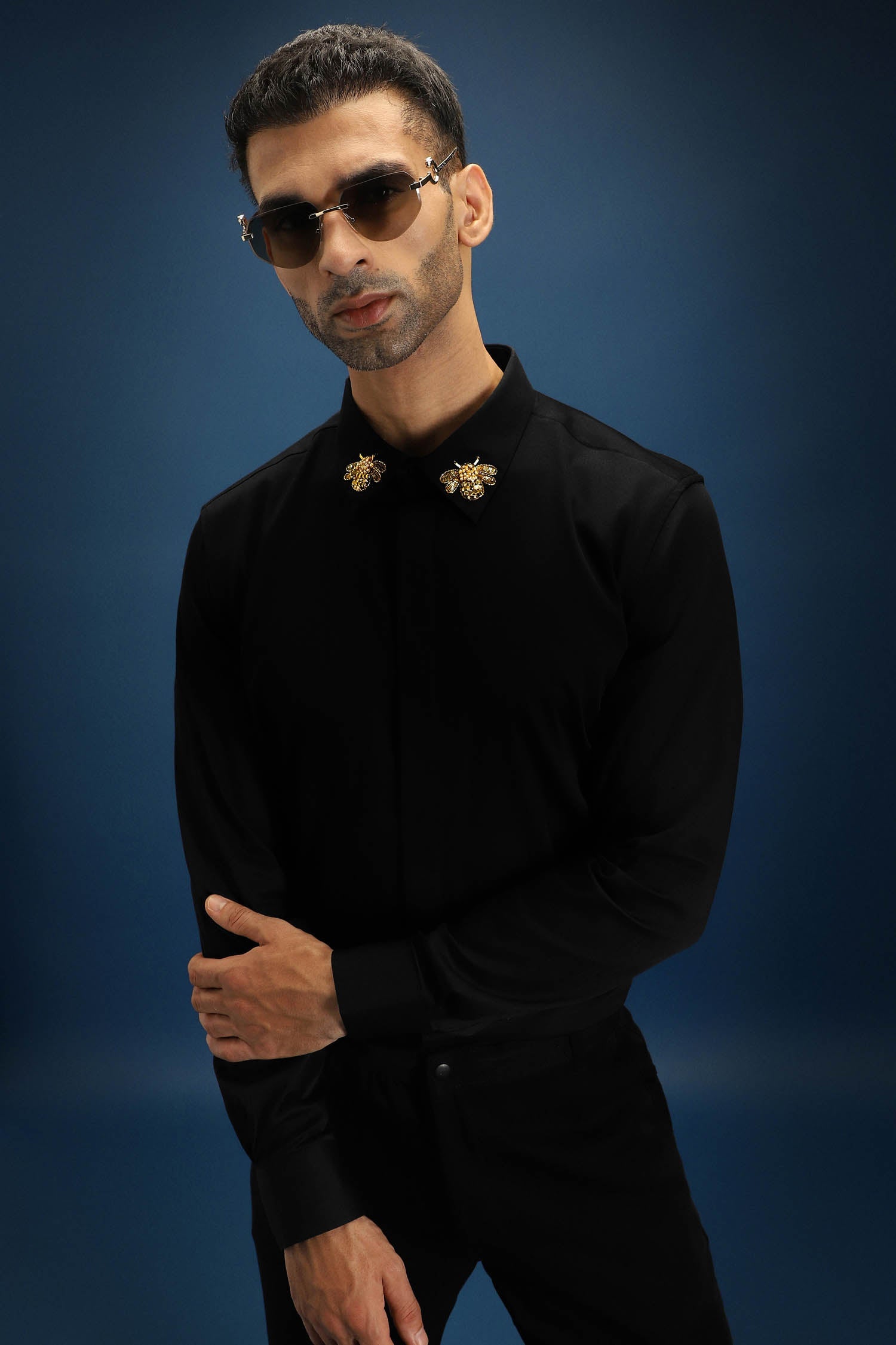 Collar Bumblebee Hand Embroidered Designer Shirt - Black