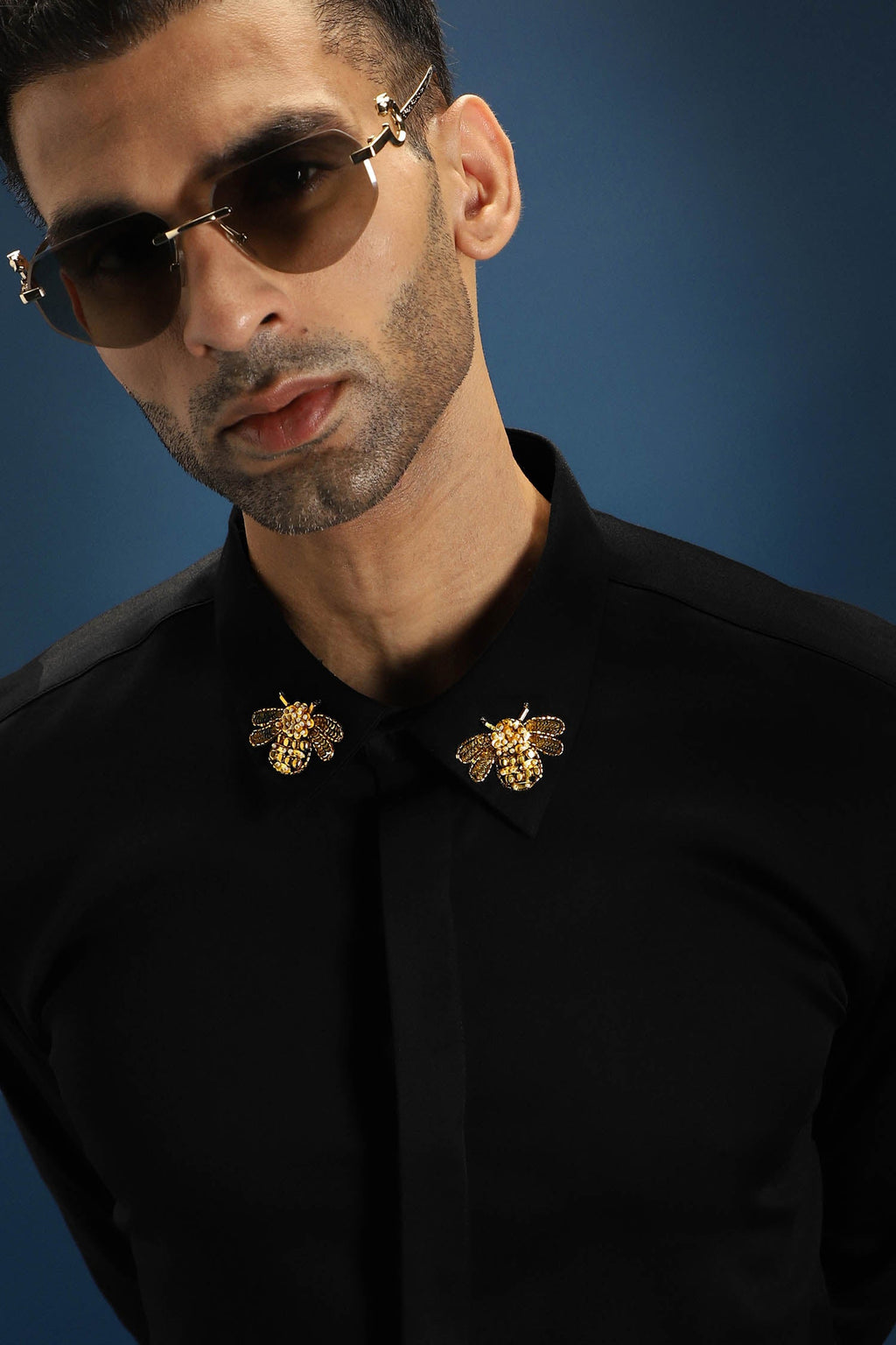 Collar Bumblebee Hand Embroidered Designer Shirt - Black
