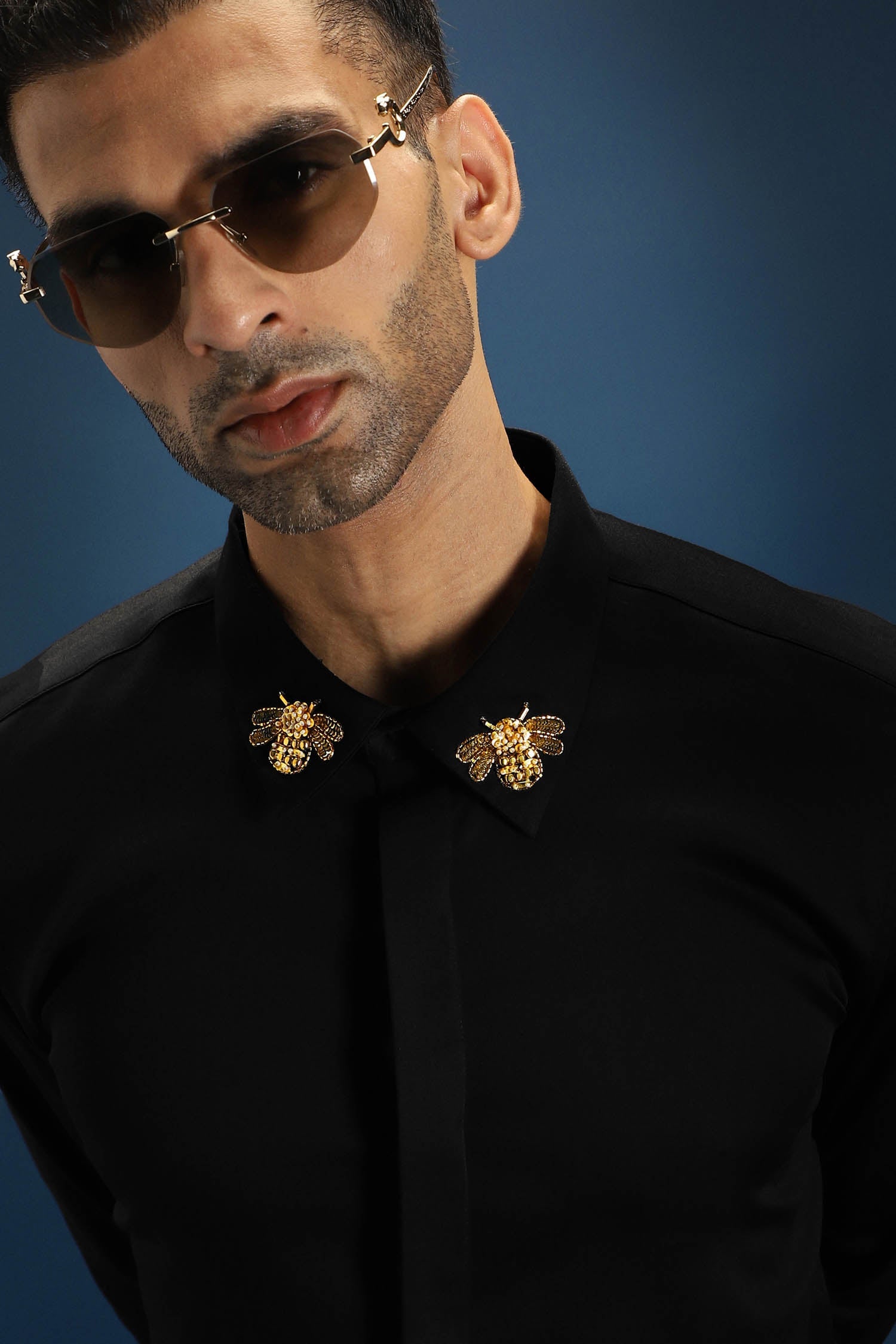 Collar Bumblebee Hand Embroidered Designer Shirt - Black