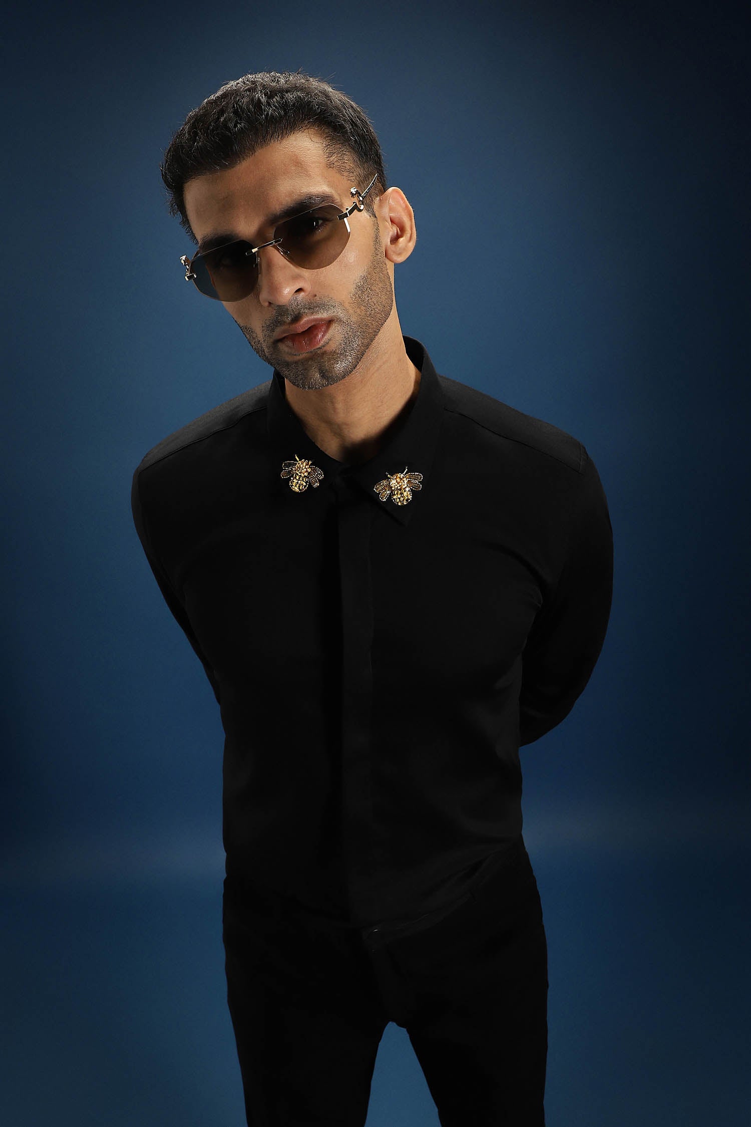 Collar Bumblebee Hand Embroidered Designer Shirt - Black