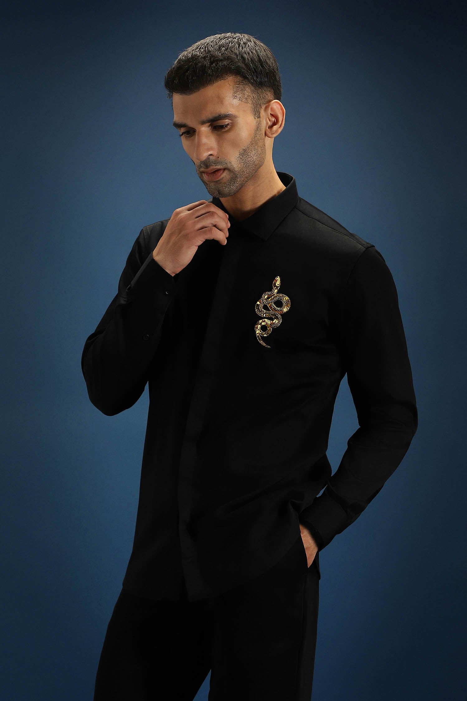 Vish(Snake) - Hand Embroidered Designer Shirt - Black