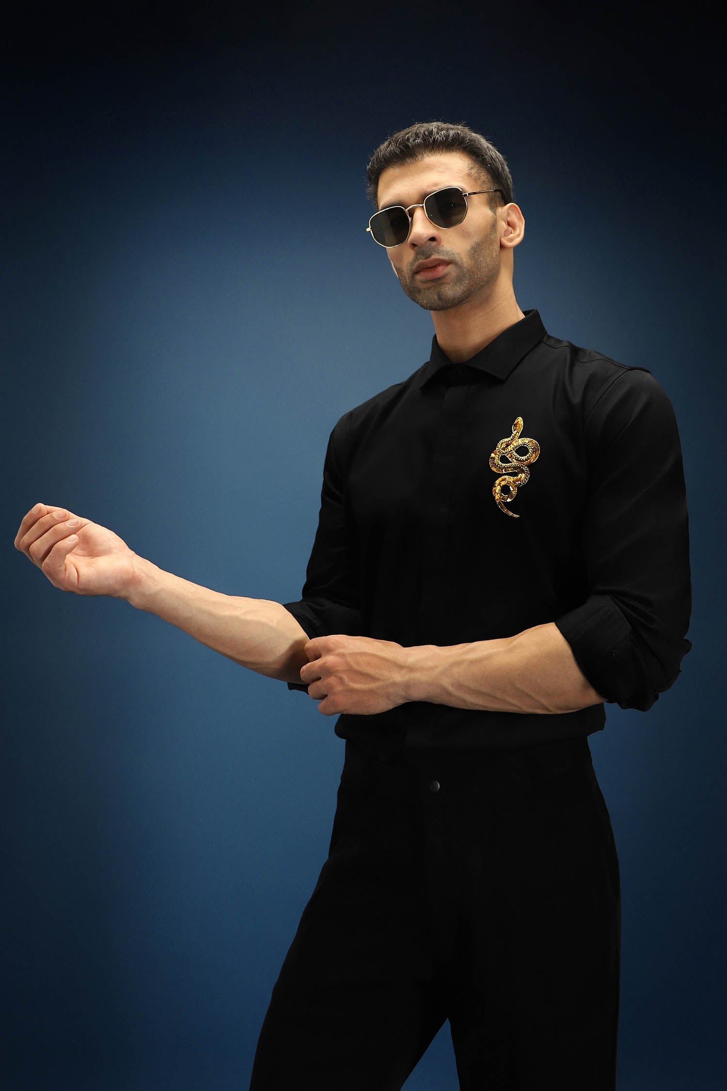 Vish(Snake) - Hand Embroidered Designer Shirt - Black