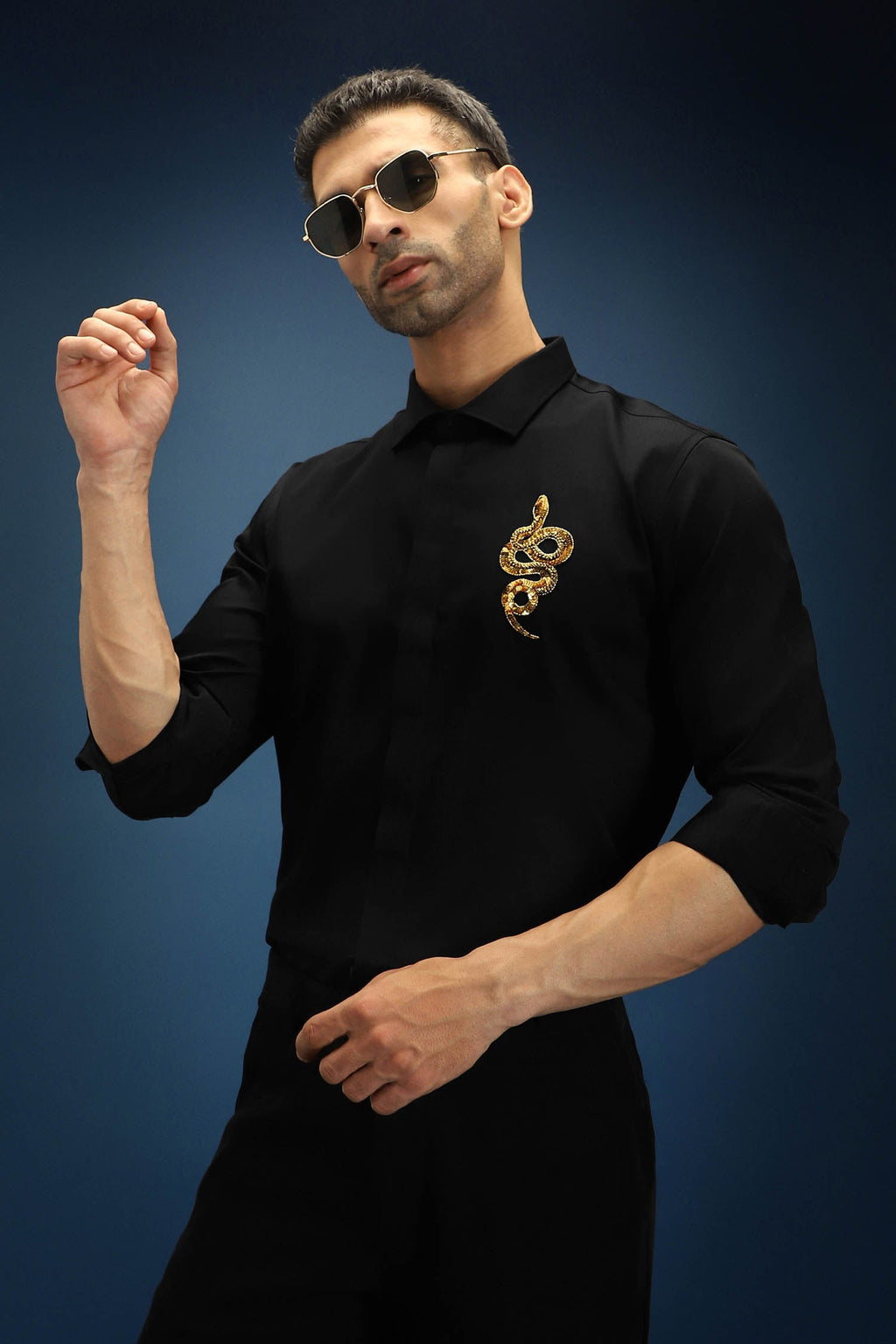 Vish(Snake) - Hand Embroidered Designer Shirt - Black