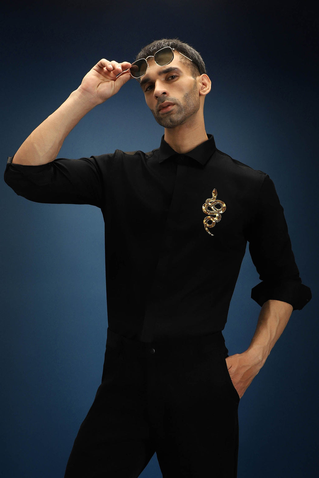 Vish(Snake) - Hand Embroidered Designer Shirt - Black