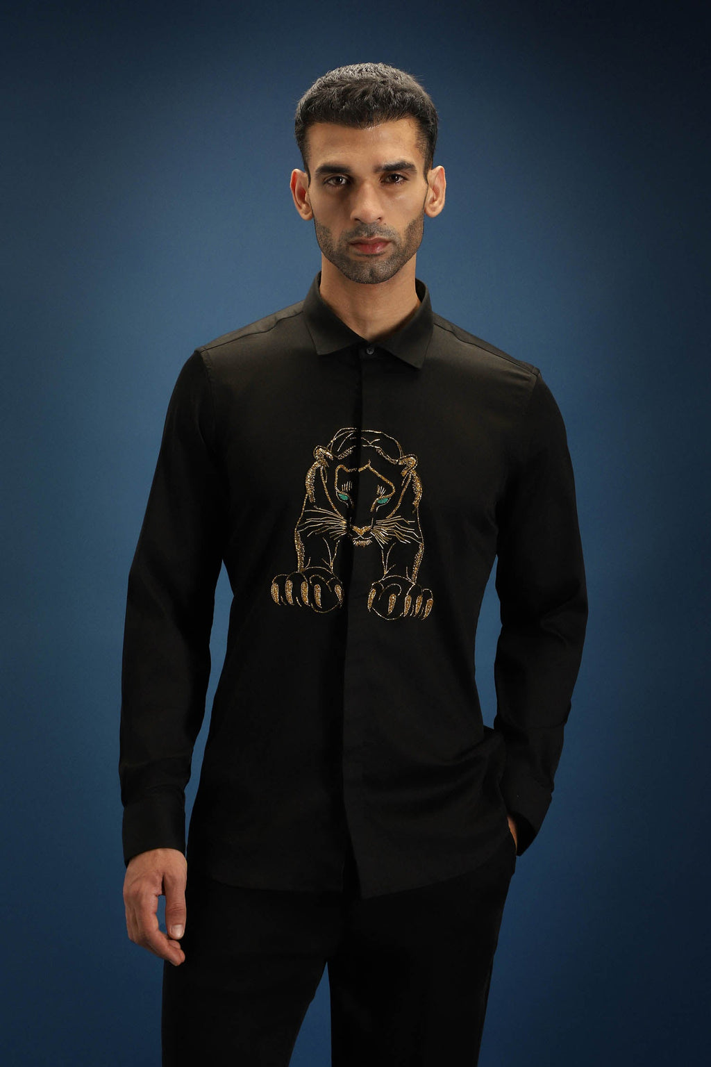 Black Panther - Hand Embroidered Designer Shirt - Black