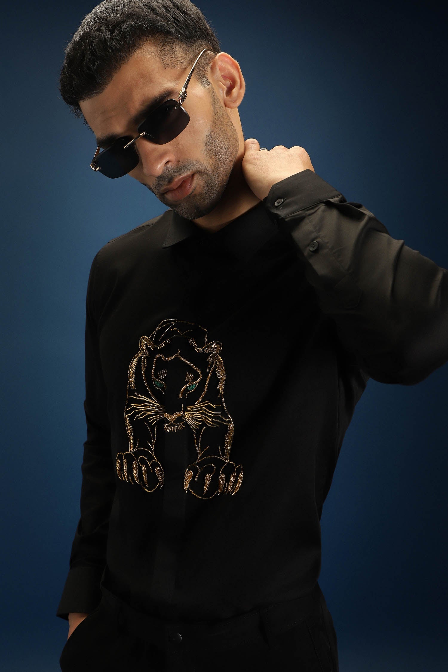 Black Panther - Hand Embroidered Designer Shirt - Black