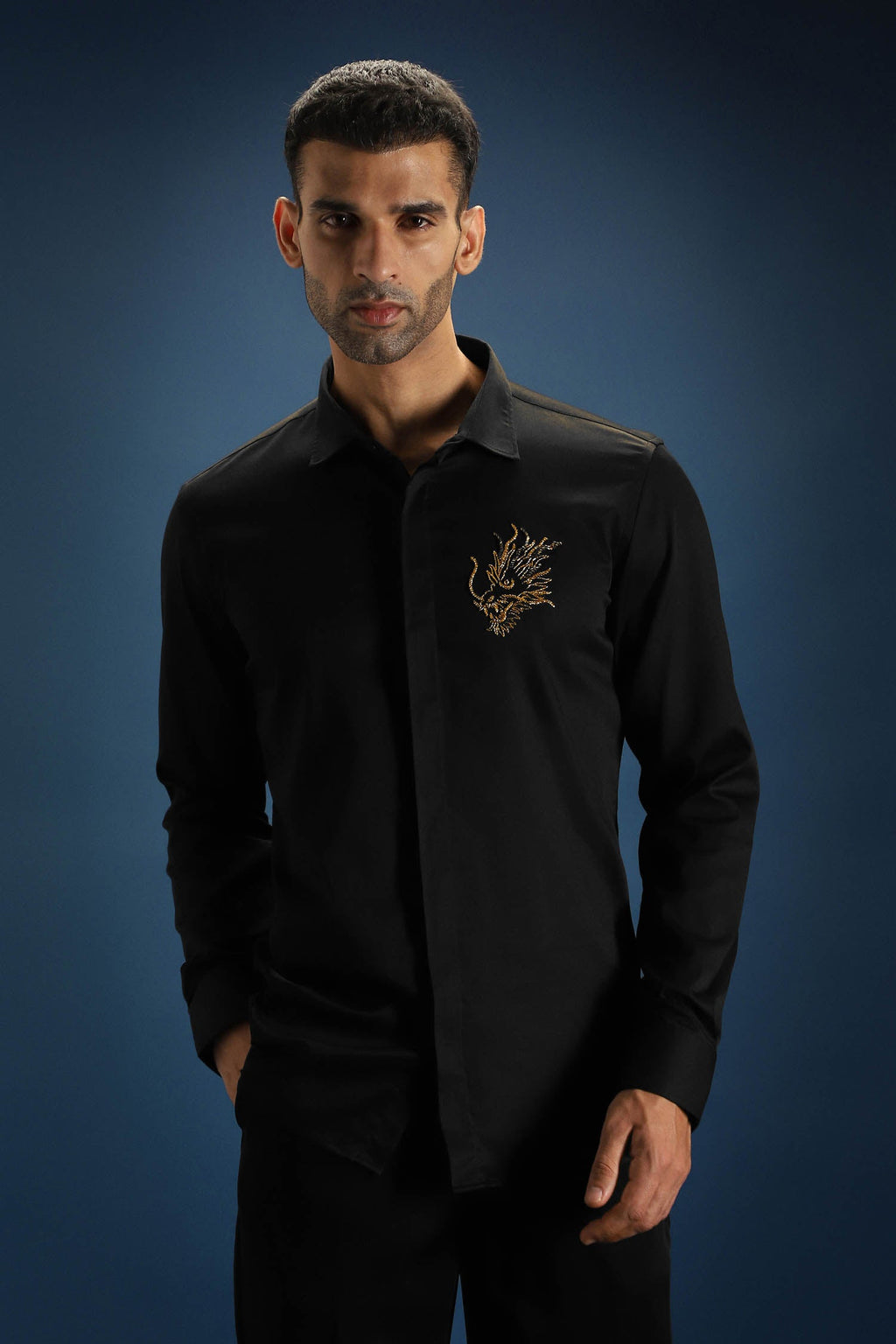 Thesaurus (Dragon)- Hand Embroidered Designer Shirt - Black