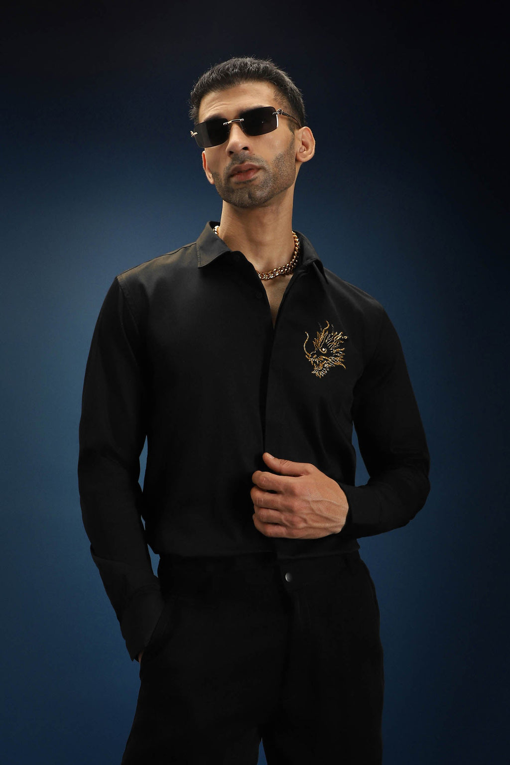 Thesaurus (Dragon)- Hand Embroidered Designer Shirt - Black