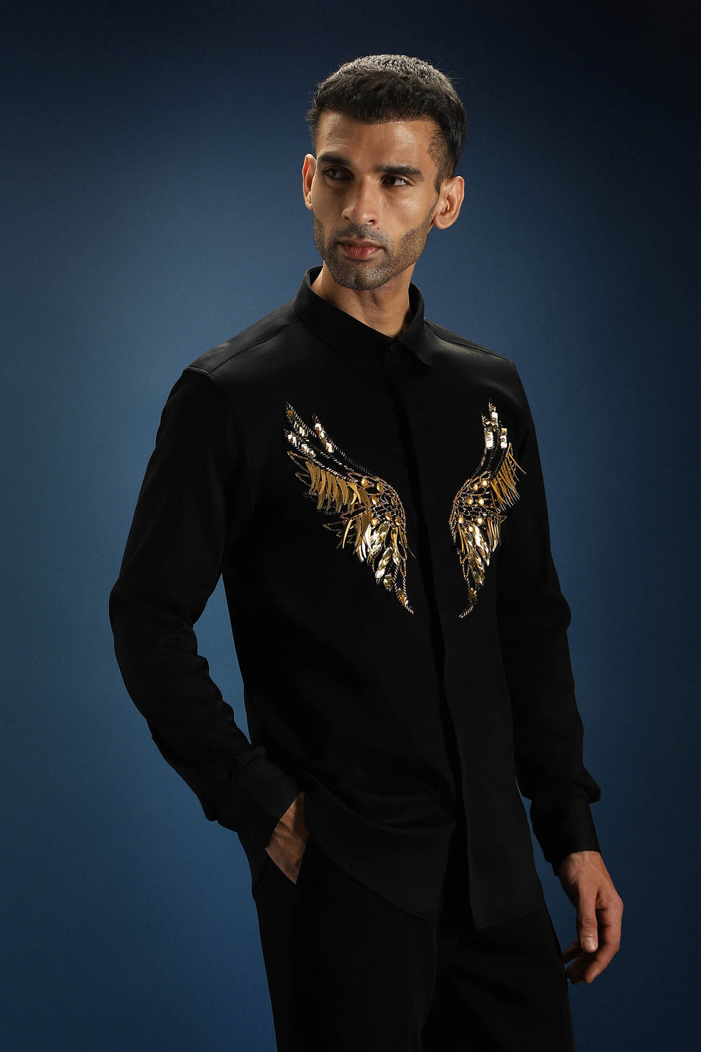 Fly(Wings) Hand Embroidered Designer Shirt - Black