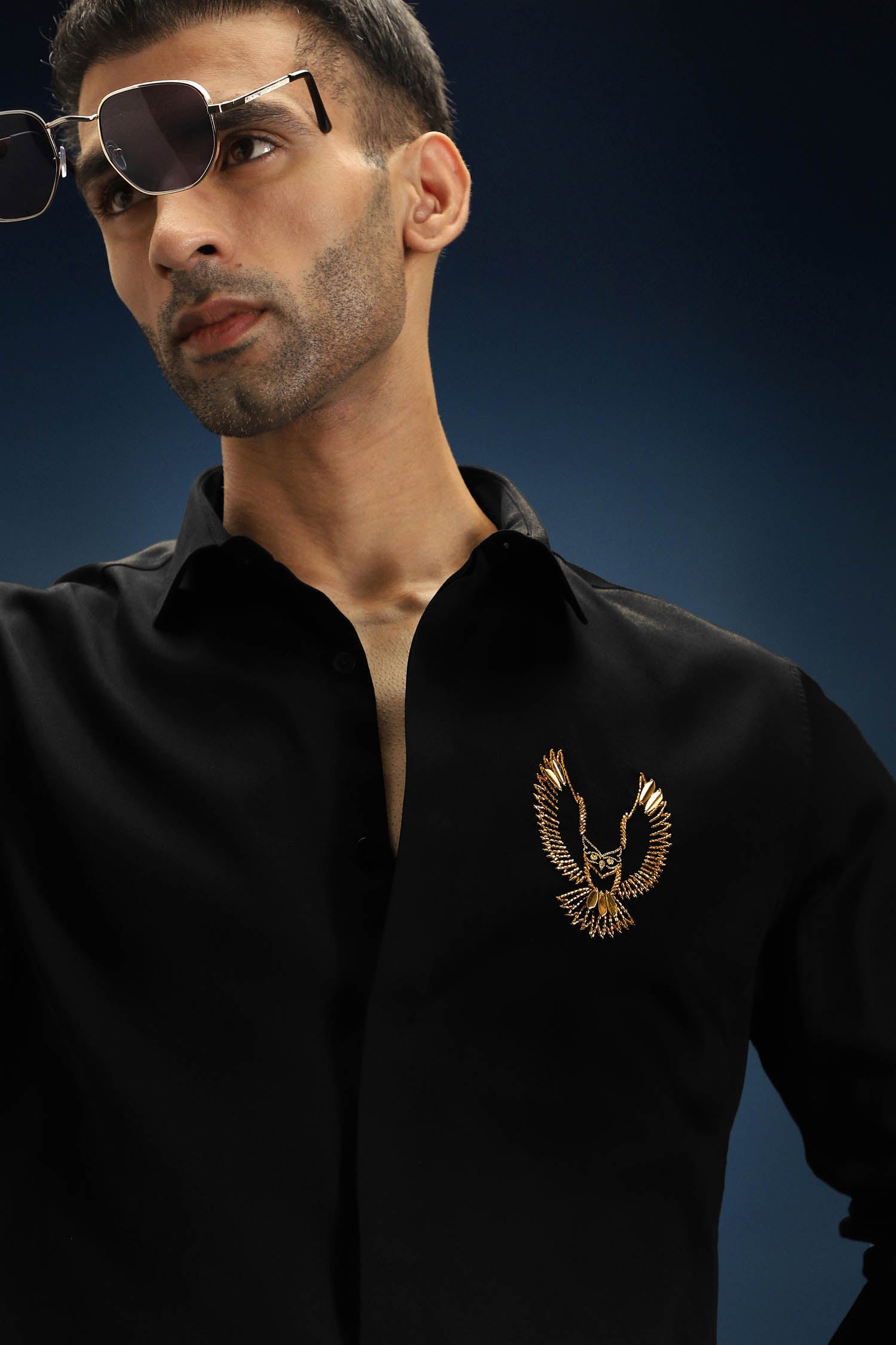 OWL- Hand Embroidered Designer Shirt- Black