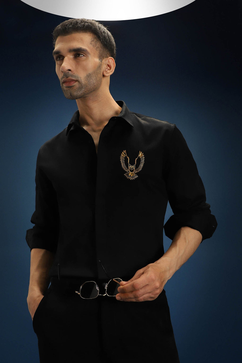 OWL- Hand Embroidered Designer Shirt- Black