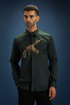 Sone Ki Bandook(Gun) - Hand Embroidered Designer Shirt - Bottle Green