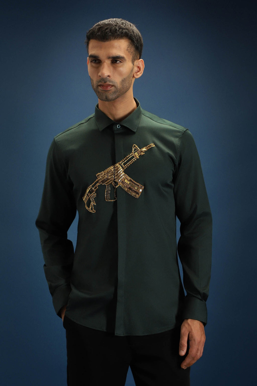 Sone Ki Bandook(Gun) - Hand Embroidered Designer Shirt - Bottle Green