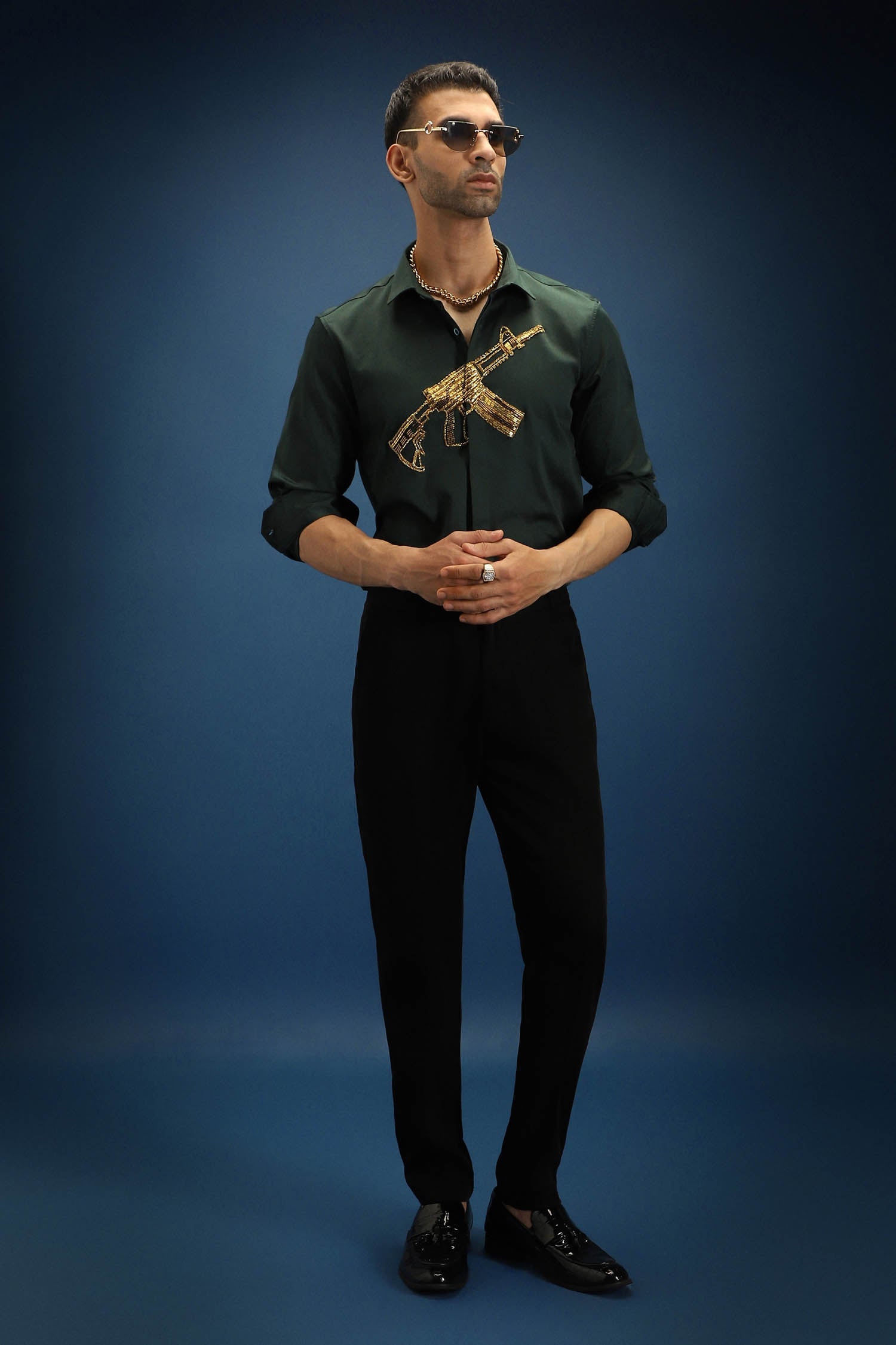 Sone Ki Bandook(Gun) - Hand Embroidered Designer Shirt - Bottle Green