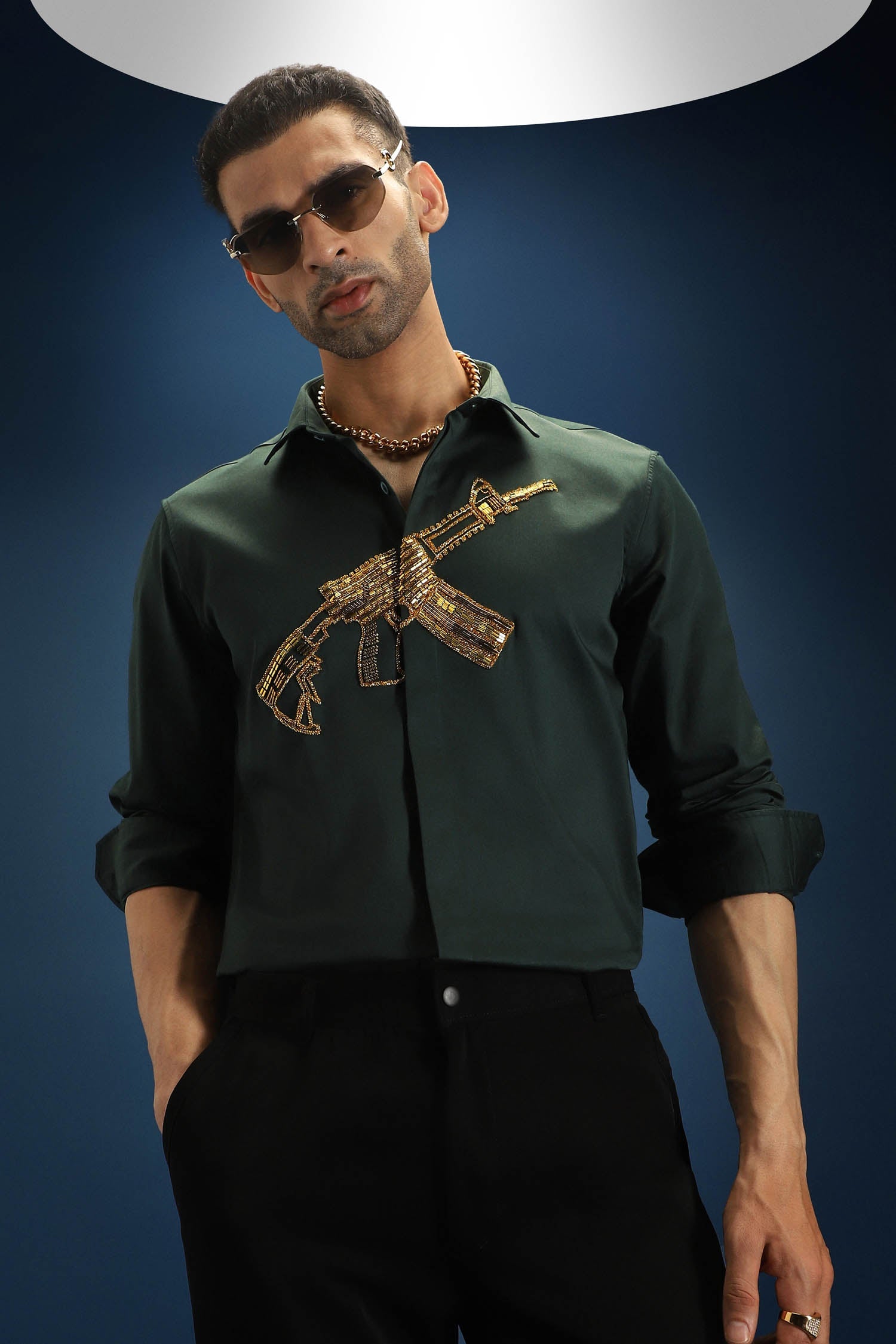 Sone Ki Bandook(Gun) - Hand Embroidered Designer Shirt - Bottle Green