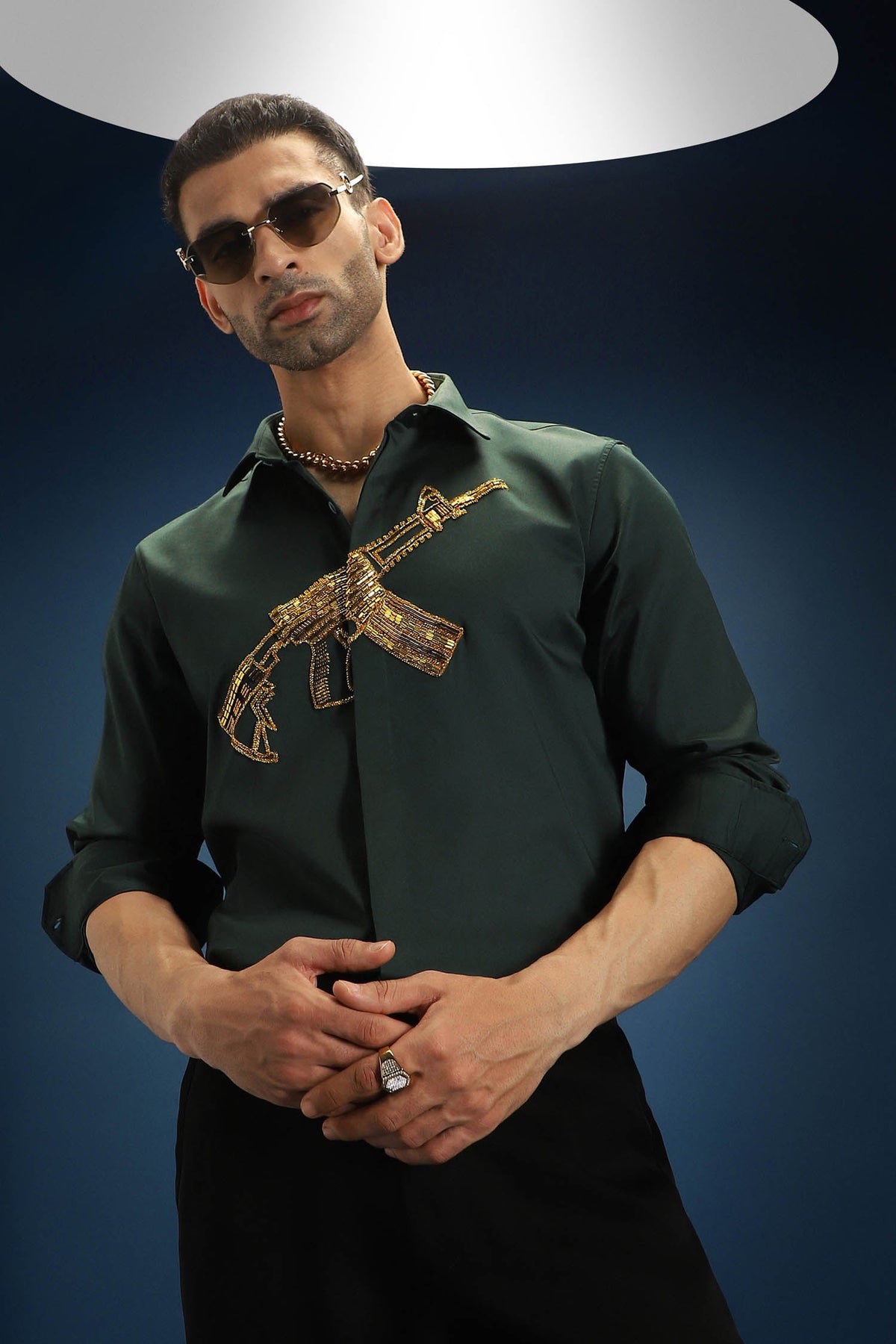 Sone Ki Bandook(Gun) - Hand Embroidered Designer Shirt - Bottle Green