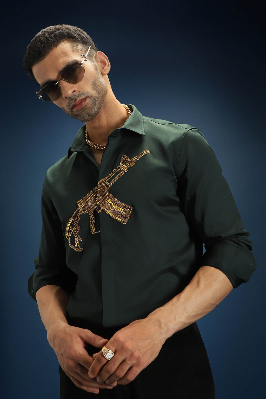 Sone Ki Bandook(Gun) - Hand Embroidered Designer Shirt - Bottle Green