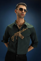 Sone Ki Bandook(Gun) - Hand Embroidered Designer Shirt - Bottle Green