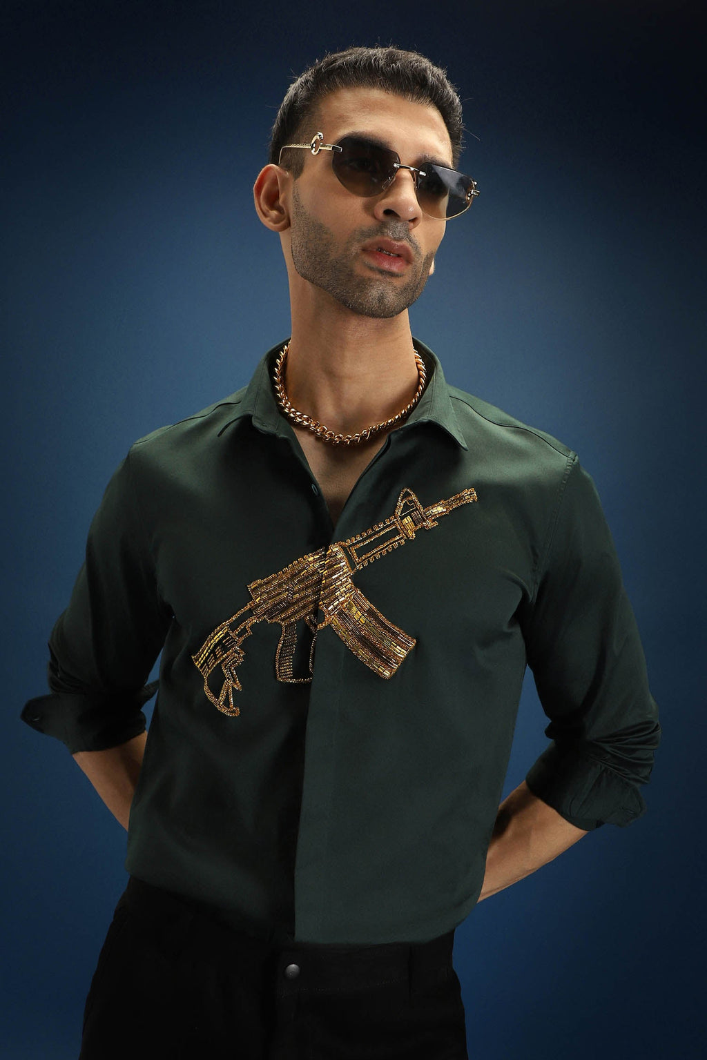 Sone Ki Bandook(Gun) - Hand Embroidered Designer Shirt - Bottle Green