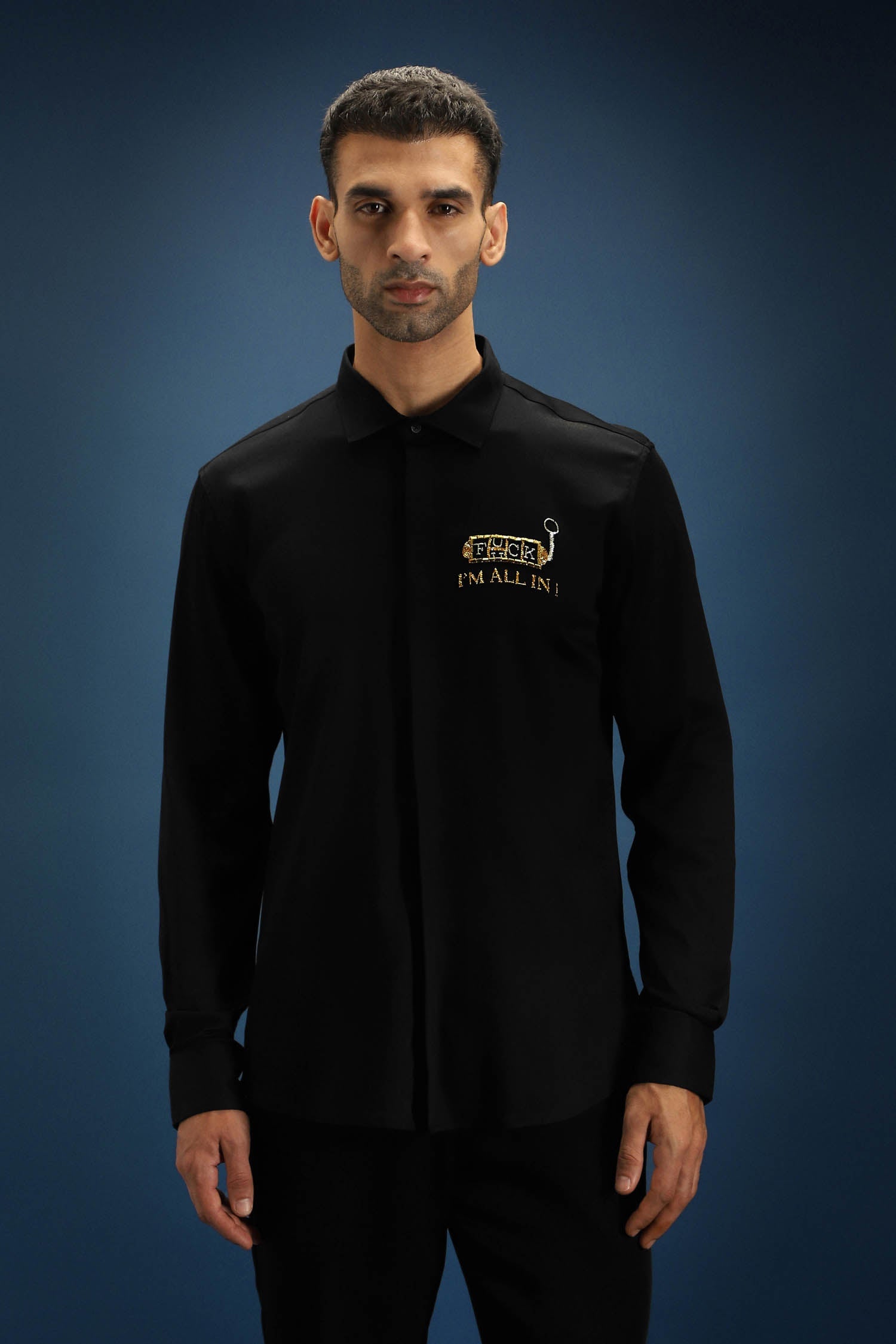 Fuck, I'm All in Hand Embroidered Designer Shirt - Black