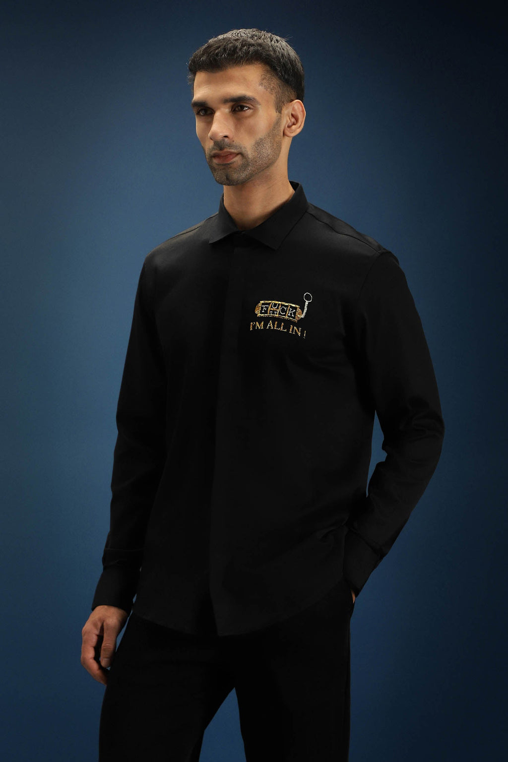 Fuck, I'm All in Hand Embroidered Designer Shirt - Black