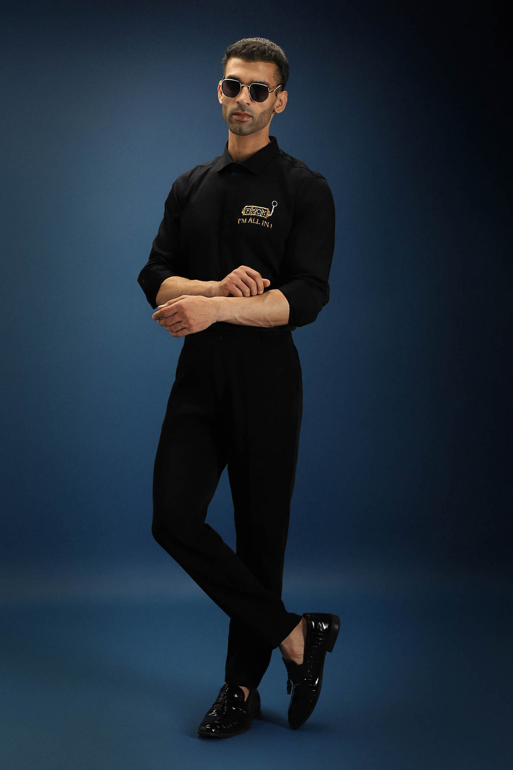 Fuck, I'm All in Hand Embroidered Designer Shirt - Black