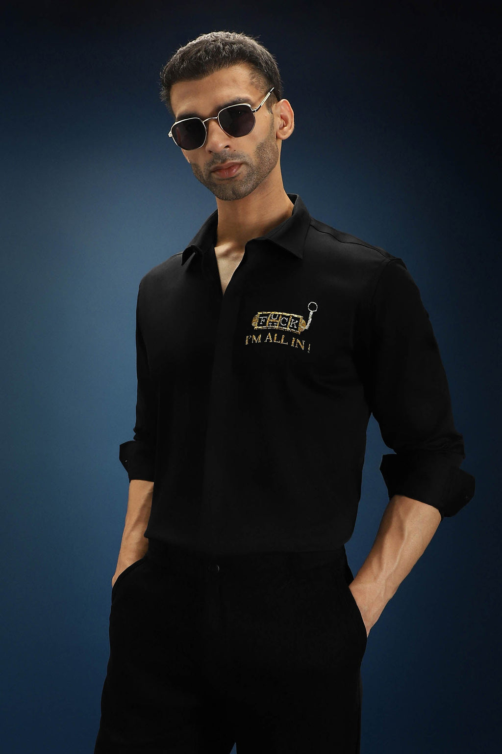 Fuck, I'm All in Hand Embroidered Designer Shirt - Black