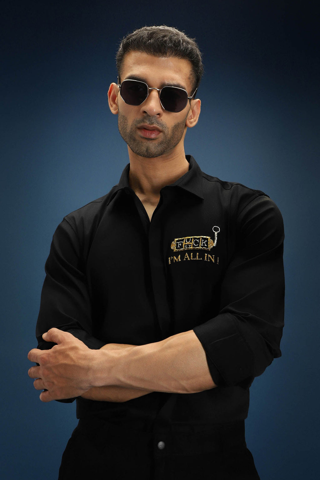 Fuck, I'm All in Hand Embroidered Designer Shirt - Black