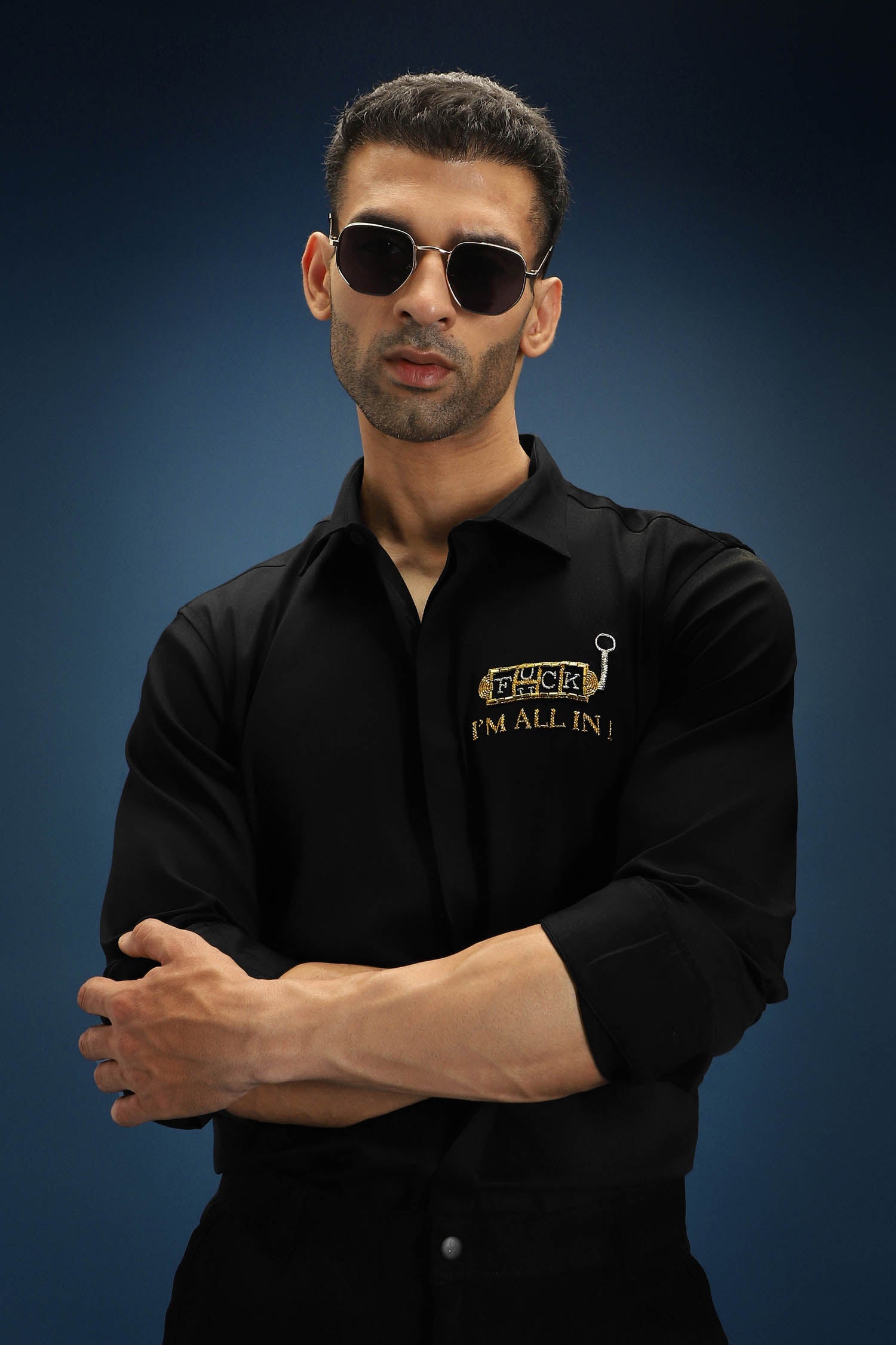 Fuck, I'm All in Hand Embroidered Designer Shirt - Black