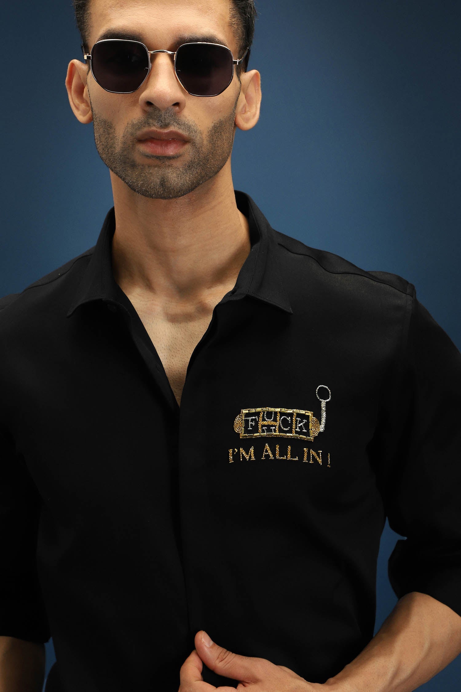 Fuck, I'm All in Hand Embroidered Designer Shirt - Black