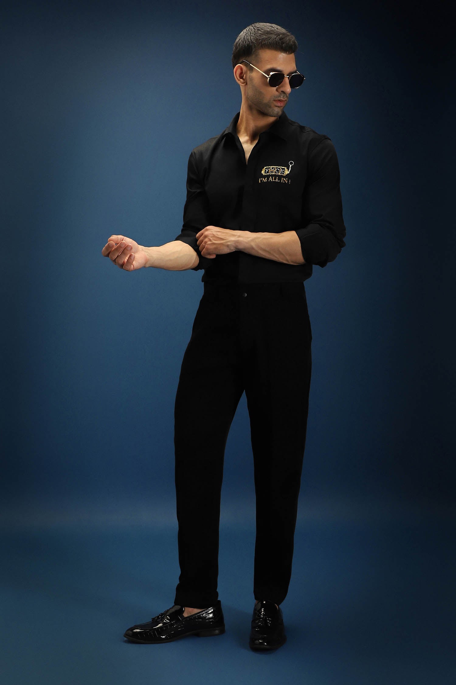 Fuck, I'm All in Hand Embroidered Designer Shirt - Black