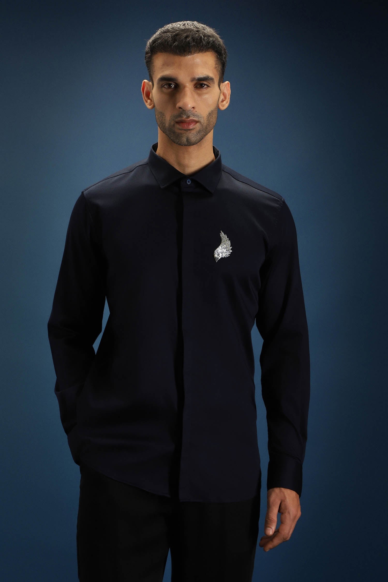 Feather(Wings) Hand Embroidered Designer Shirt - Navy