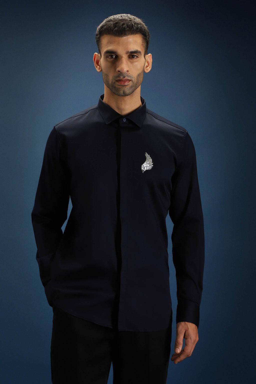Feather(Wings) Hand Embroidered Designer Shirt - Navy