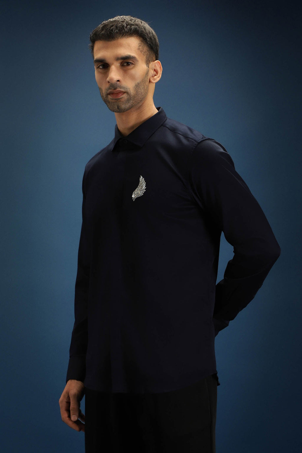 Feather(Wings) Hand Embroidered Designer Shirt - Navy