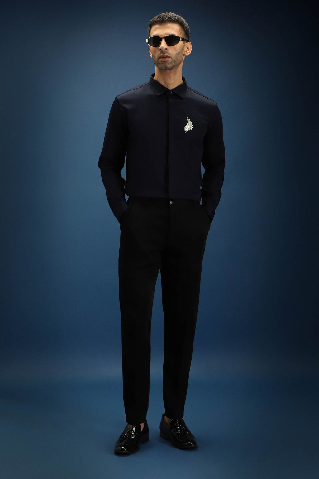 Feather(Wings) Hand Embroidered Designer Shirt - Navy