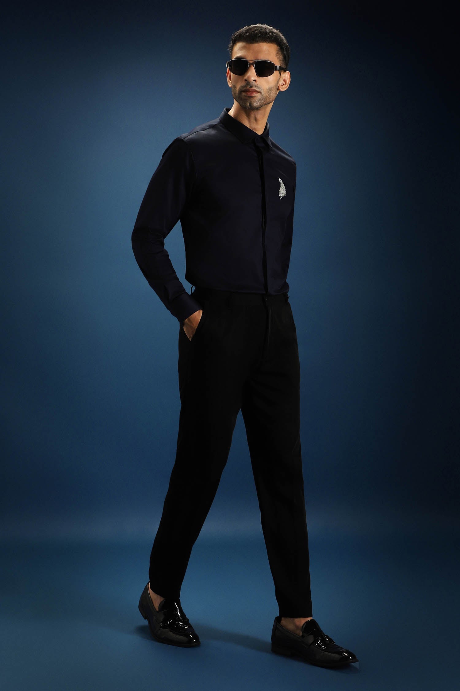 Feather(Wings) Hand Embroidered Designer Shirt - Navy