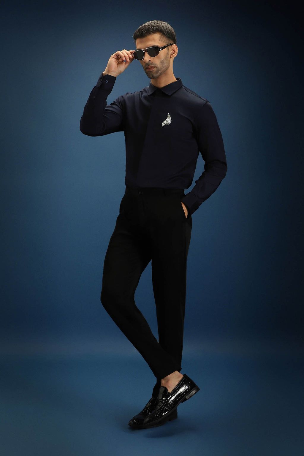 Feather(Wings) Hand Embroidered Designer Shirt - Navy