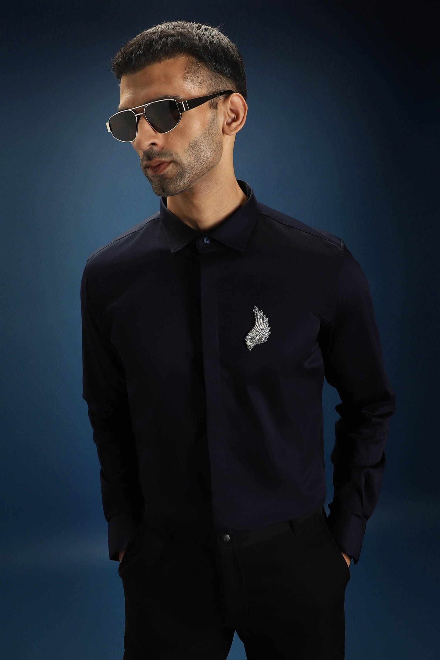 Feather(Wings) Hand Embroidered Designer Shirt - Navy