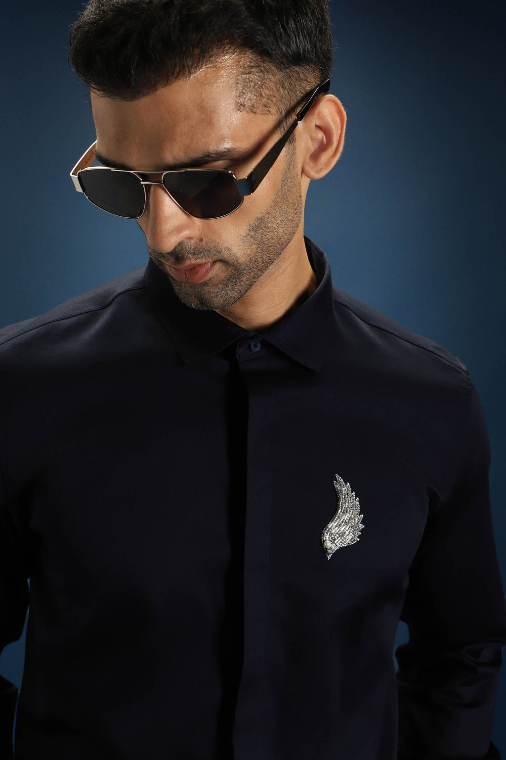 Feather(Wings) Hand Embroidered Designer Shirt - Navy