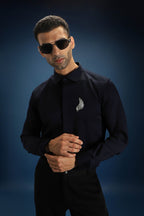 Feather(Wings) Hand Embroidered Designer Shirt - Navy