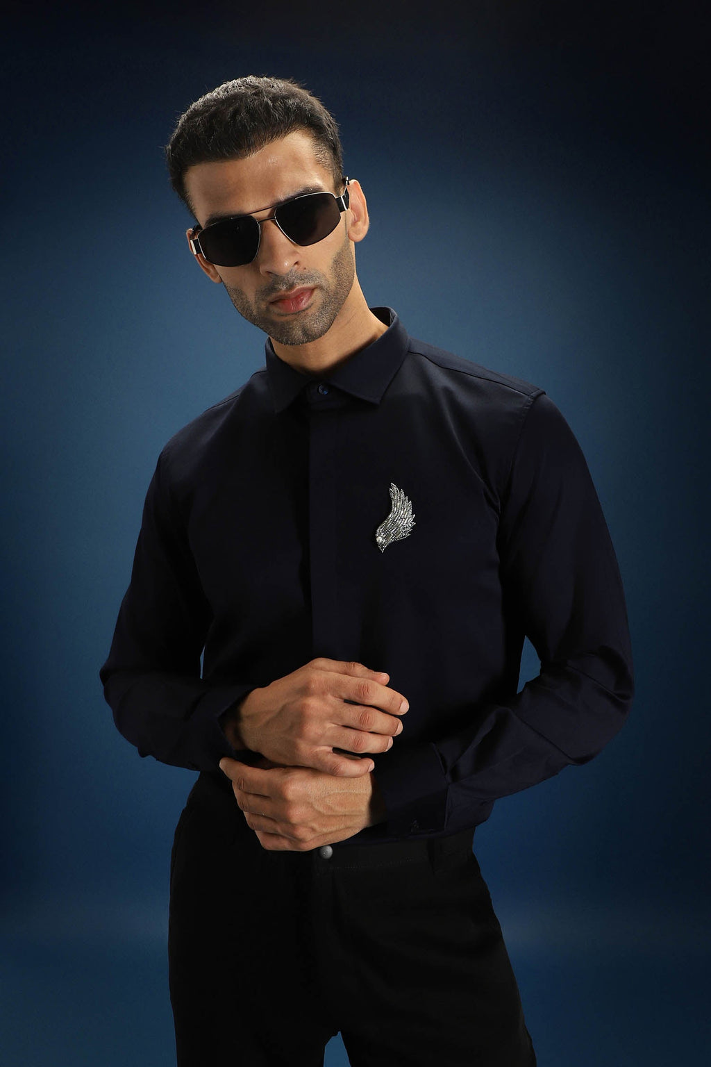 Feather(Wings) Hand Embroidered Designer Shirt - Navy