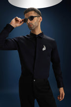 Feather(Wings) Hand Embroidered Designer Shirt - Navy